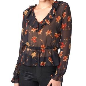 Paige Nathalie Floral Print‎ Silk Chiffon Sheer Top Size L Boho Whimsigoth Indie